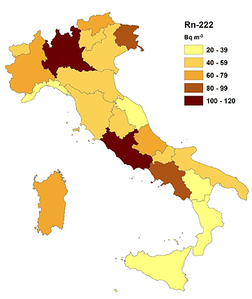 Cartina dell'Italia dove sono indicate le concentrazioni medie di Radon per regione