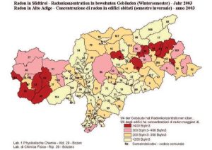 Mappe radon Bolzano - Mappa della concentrazione di radon indoor nel semestre invernale del 2003.