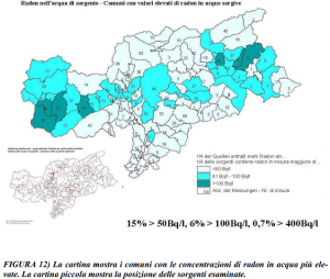 Mappe radon Bolzano - Mappa dei Comuni con i valori di radon nelle acque sorgive.