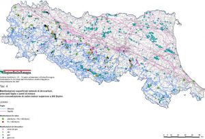 Mappe radon di Emilia Romagna - Mappa delle manifestazioni superficiali degli idrocarburi, delle principali faglie e dei punti di misura radon indoor > 200 [Bq/m3]