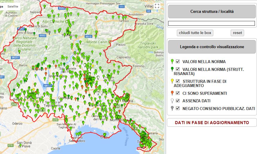 Mappe radon di Friuli Venezia Giulia - Campagna locale in tutte le strutture scolastiche - Mappa dei risultati per edificio