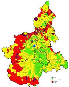 Mappe radon del Piemonte - Campagna di misura locale - Valori medi di inquinamento radon indoor a piano terra per Comune nel Piemonte