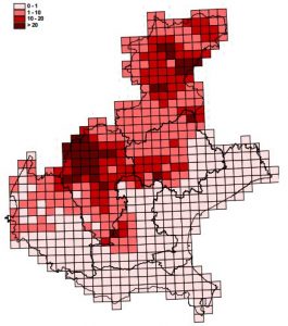 Mappe radon del Veneto. La figura mostra la percentuale di abitazioni che superano i 200 [Bq/m3].
