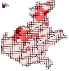 Mappe radon del Veneto. La figura mostra la percentuale di abitazioni che superano i 400 [Bq/m3].